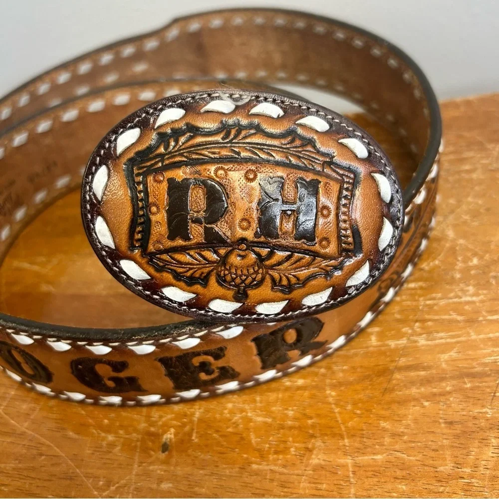 Vintage Roger RH Brown Leather Belt Custom Buckle Tony Lama Western Southwestern
